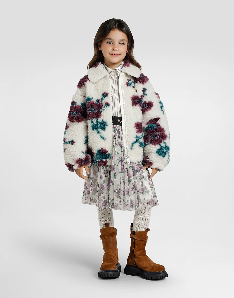 Flower-print fur-like jacket