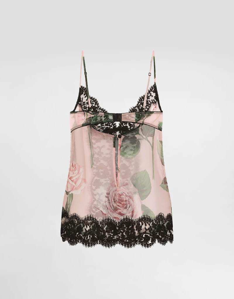 Chiffon and lace lingerie top with rose print