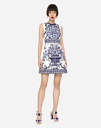 Short majolica-print brocade dress