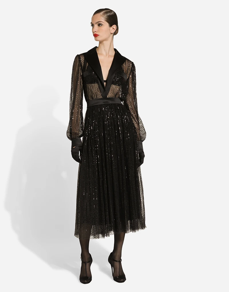 Calf-length tulle tuxedo shirt dress with sequin embellishment