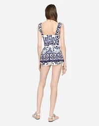 Majolica-print poplin top with peplum detail