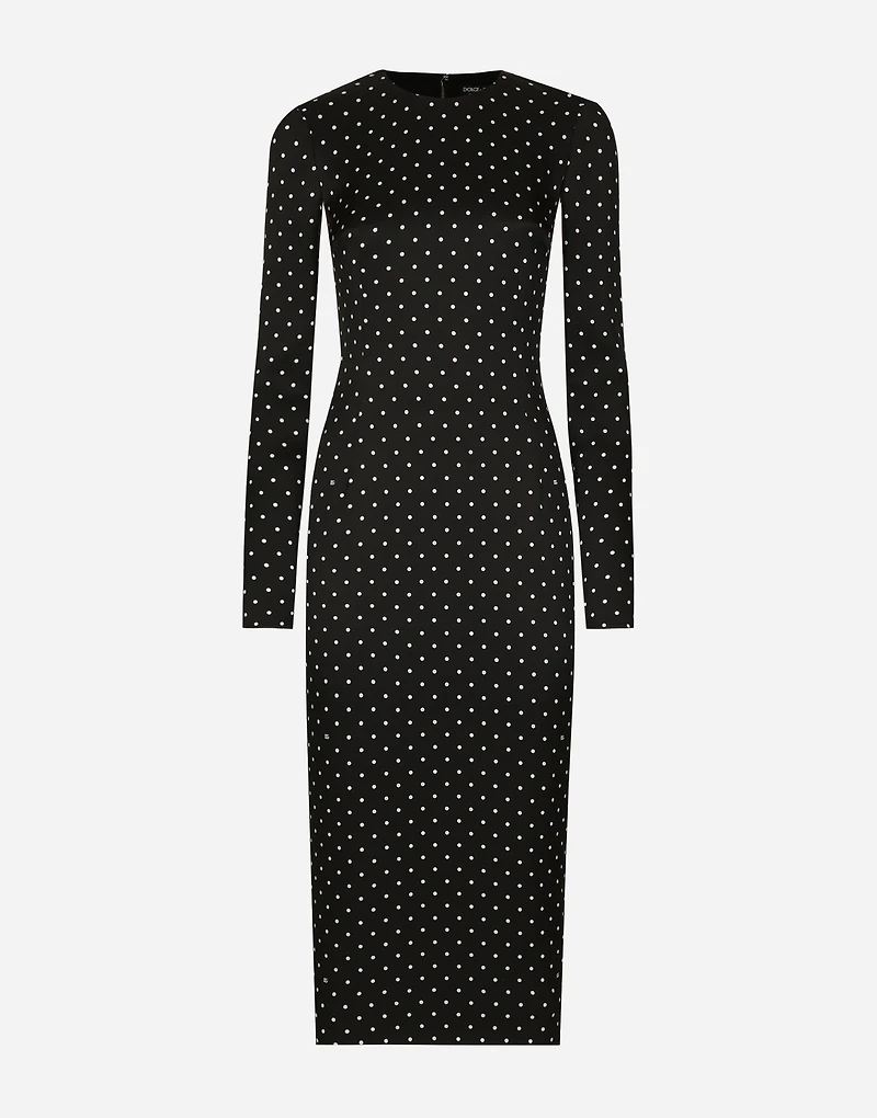 Charmeuse calf-length sheath dress with polka-dot print