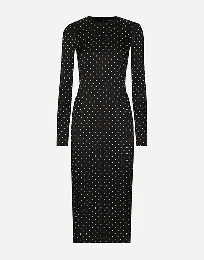 Charmeuse calf-length sheath dress with polka-dot print