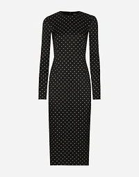 Charmeuse calf-length sheath dress with polka-dot print