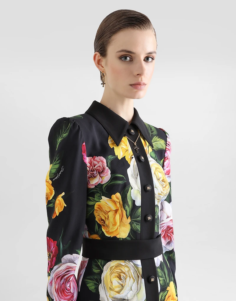 Calf-length cady shirt dress with peony and rose print