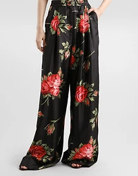 Rose bouquet-print wide twill trousers