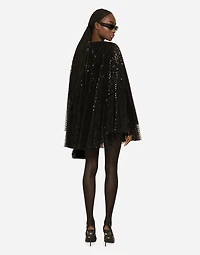 Short pleated dress with full sequined sleeves