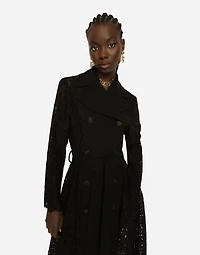 Belted double-breasted crepe and lace coat