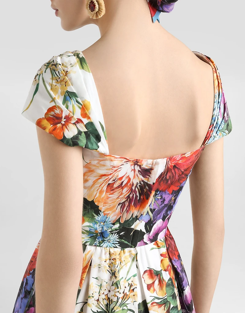 Flower bouquet-print poplin dress