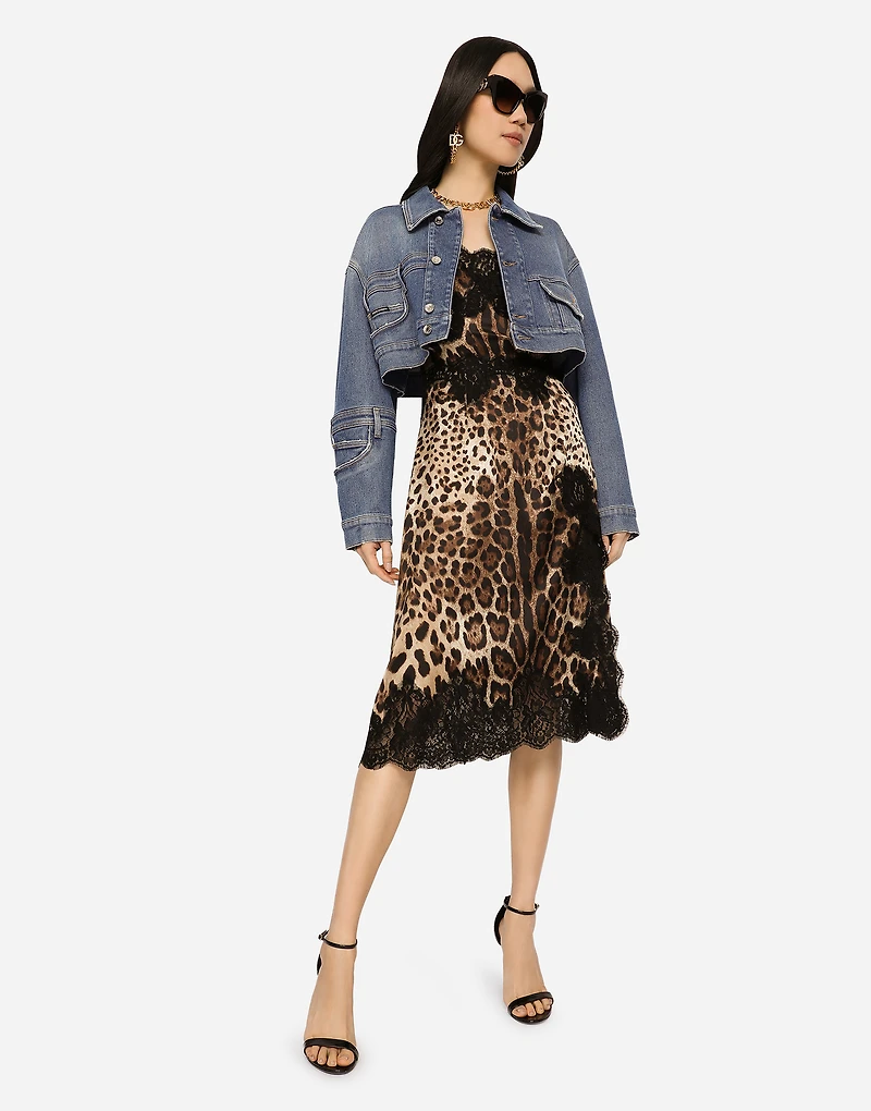 Leopard-print satin midi lingerie-style dress with lace trims