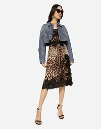 Leopard-print satin midi lingerie-style dress with lace trims