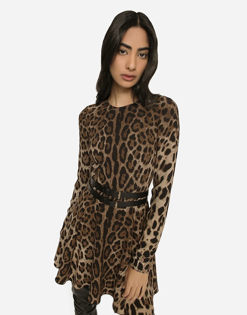 Short leopard-print cady dress