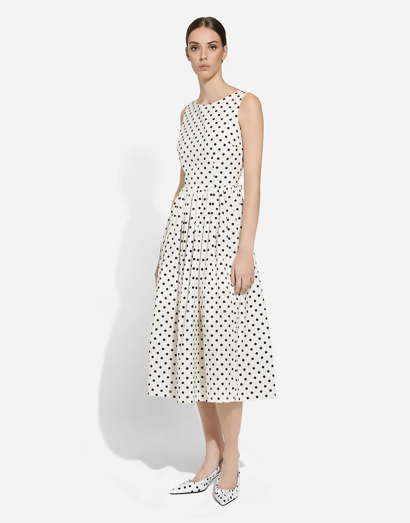 Cotton calf-length circle dress with polka-dot print
