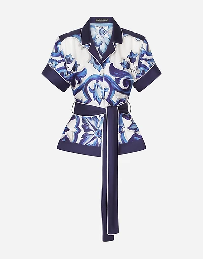 Majolica-print twill shirt with belt