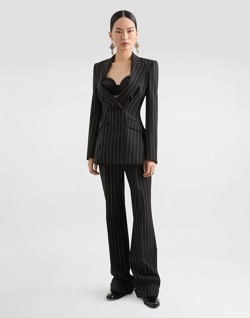 Straight-leg pinstripe wool pants with turn-ups
