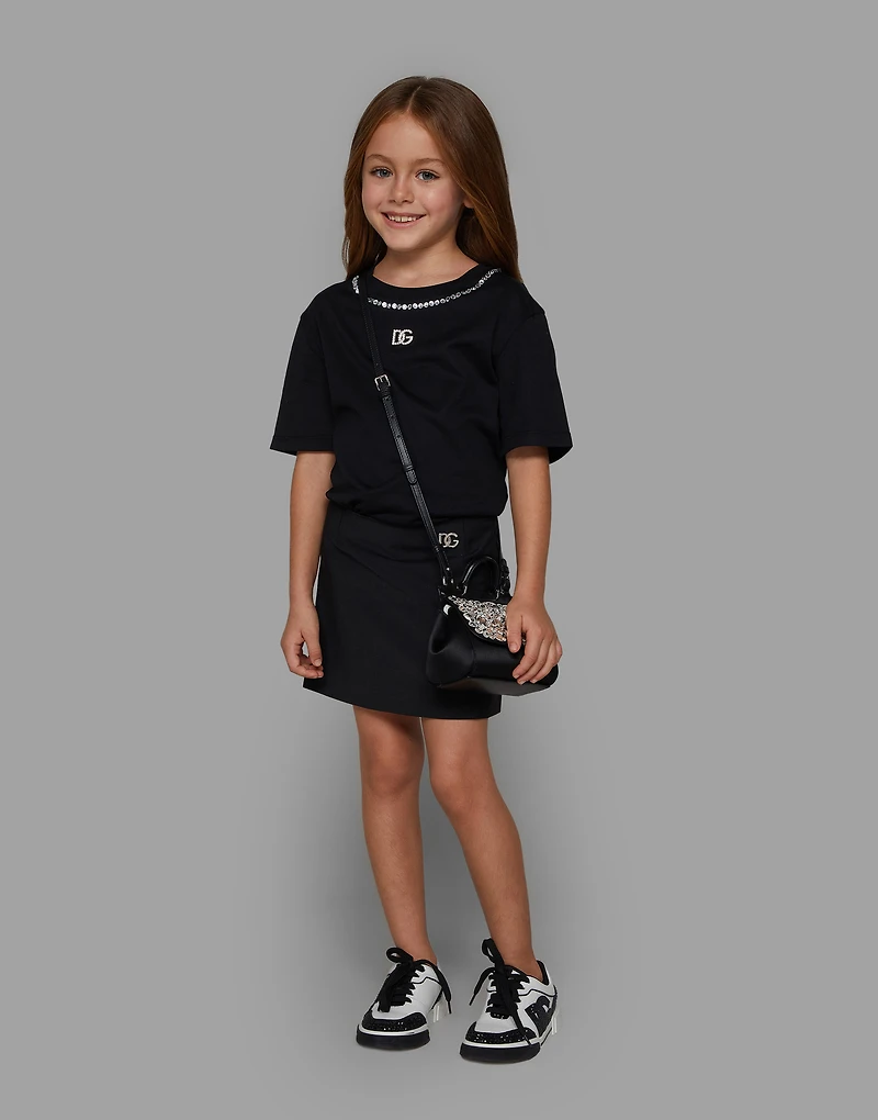 Short-sleeved jersey T-shirt with rhinestones