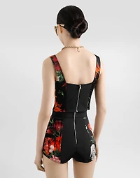 Flower-print satin corset