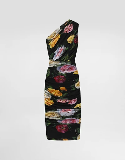 Tulle one-shoulder calf-length dress with peony and rose print