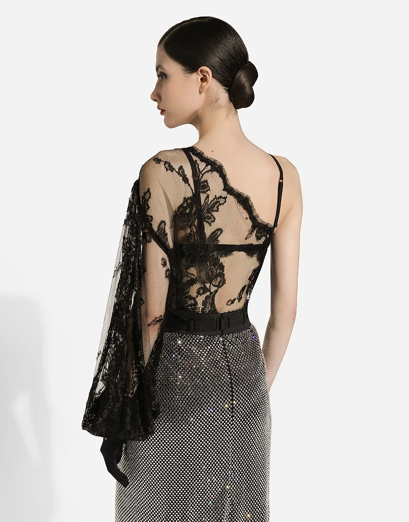 Chantilly lace one-shoulder blouse