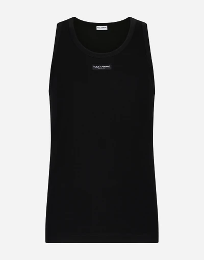 Two-way stretch cotton tank top with logo label