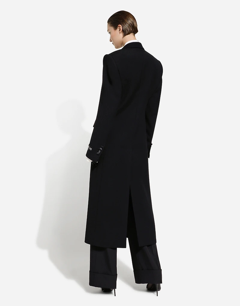 Long single-breasted wool tuxedo coat