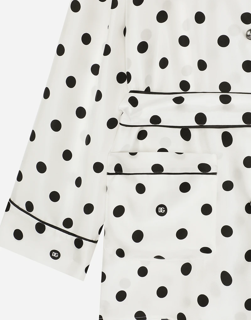 Long-sleeved silk pajama shirt with polka-dot print
