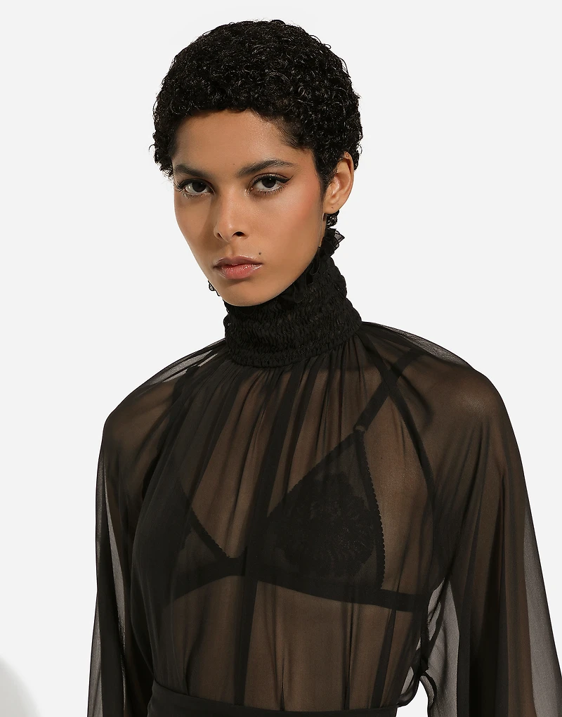Chiffon blouse with smock-stitch detailing