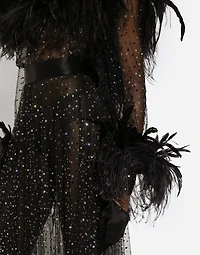 Calf-length stretch tulle dress with fusible rhinestones and rooster ostrich feather embellishment