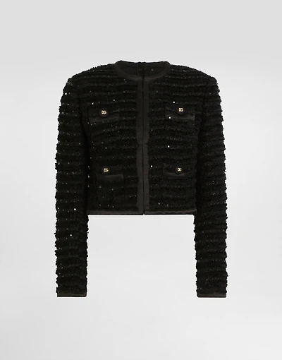 Short single-breasted tweed jacket with micro-sequin embellishment