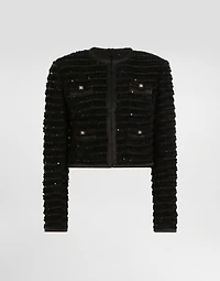 Short single-breasted tweed jacket with micro-sequin embellishment