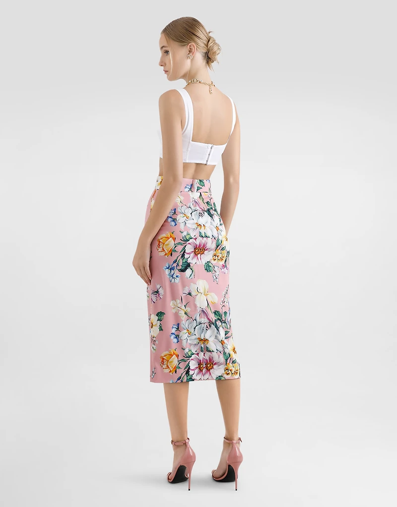 Floral-print charmeuse calf-length skirt