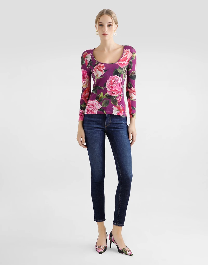 Rose-print silk sweater