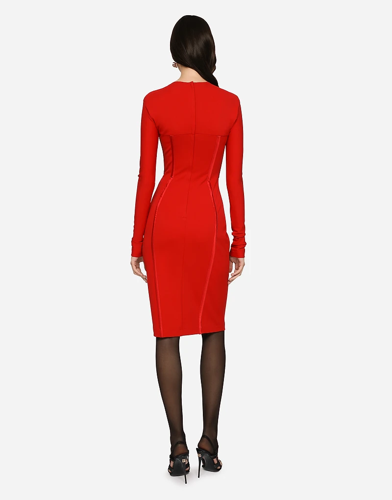 Viscose calf-length dress with corset details