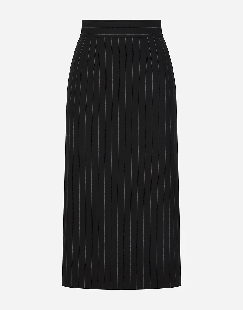 Pinstripe wool calf-length skirt