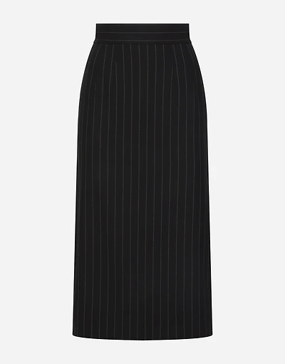 Pinstripe wool calf-length skirt