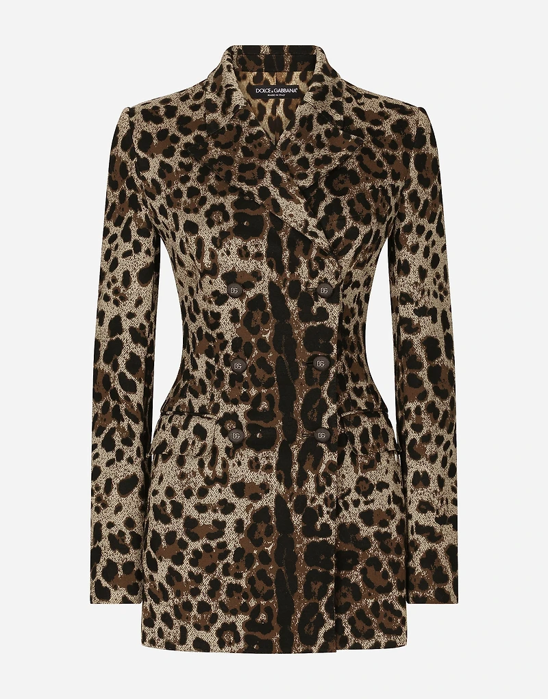 Double-breasted wool Turlington jacket with jacquard leopard design