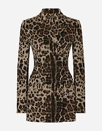 Double-breasted wool Turlington jacket with jacquard leopard design