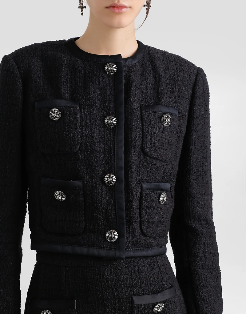 Cropped single-breasted raschel tweed jacket with bejeweled buttons