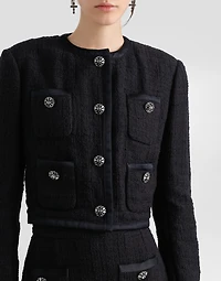 Cropped single-breasted raschel tweed jacket with bejeweled buttons