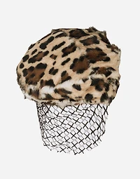 Leopard-print goatskin flat cap with veil