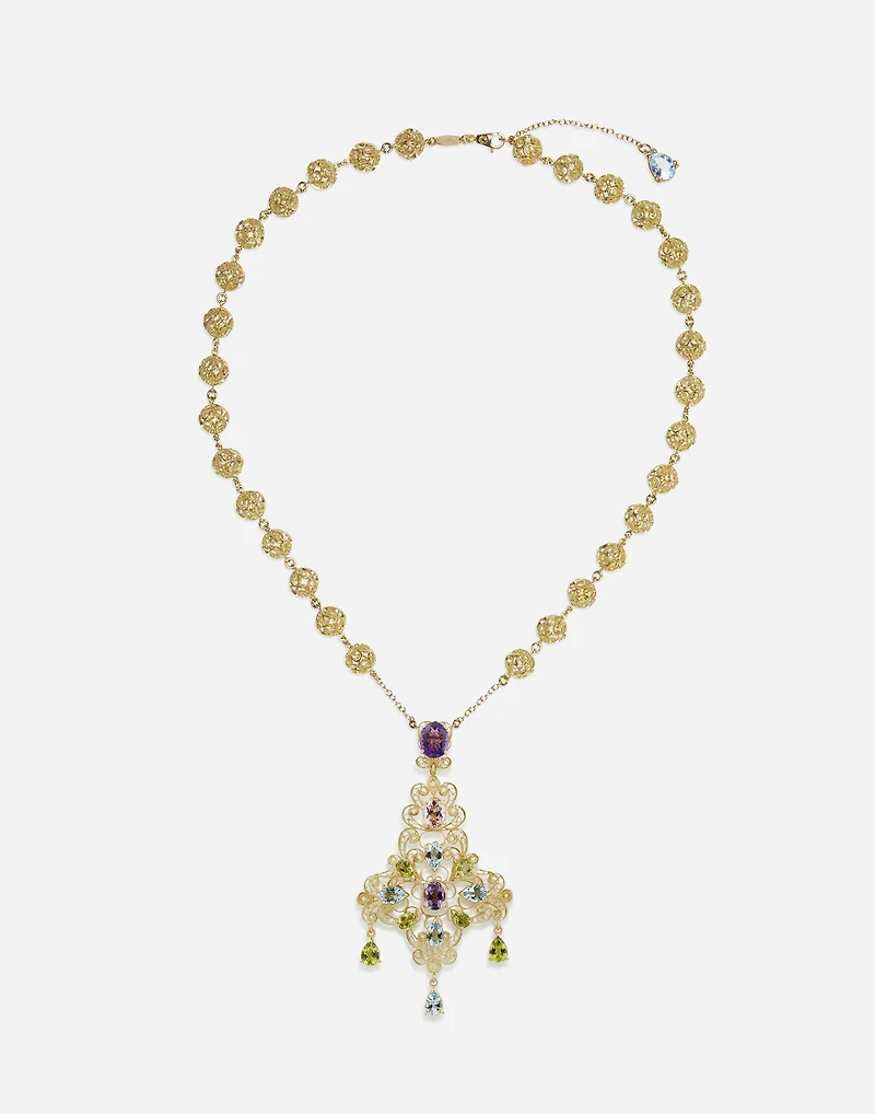 Filigree Necklace 18-carat yellow gold and multicolored gems