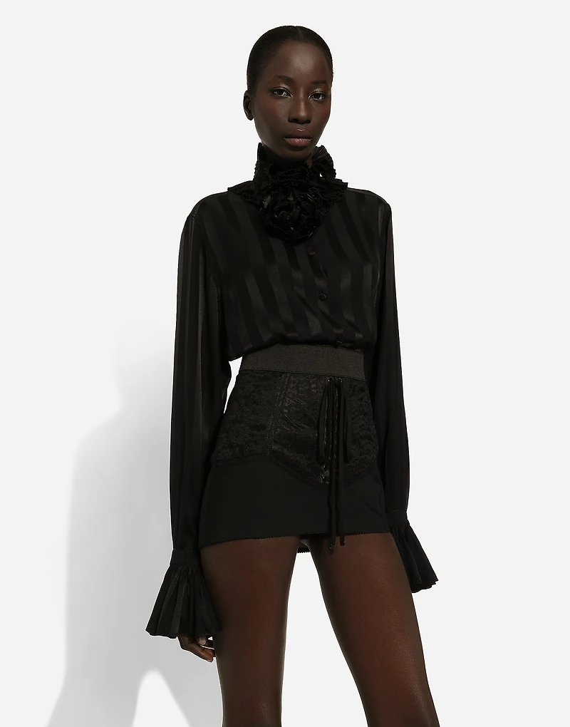 Silk jacquard shirt with pleated cuffs and collar