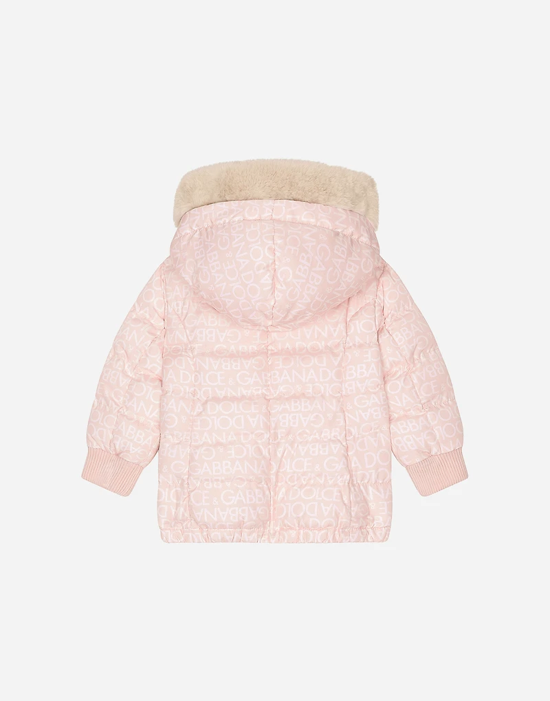 Long nylon down jacket with all-over logo print