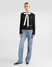 Cropped single-breasted bouclé tweed jacket with bejeweled buttons