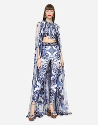 Majolica-print jersey top with branded elastic