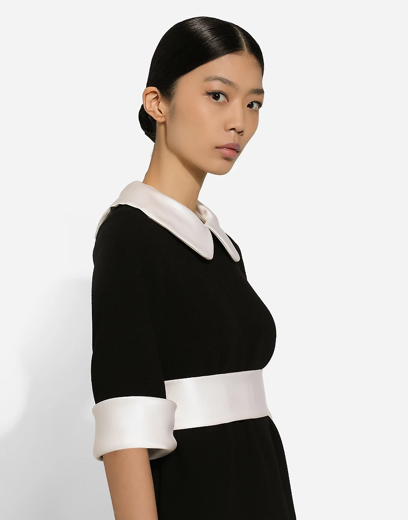Short wool crepe dress with satin details