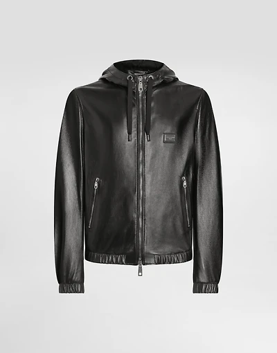 Leather jacket with hood and branded tag
