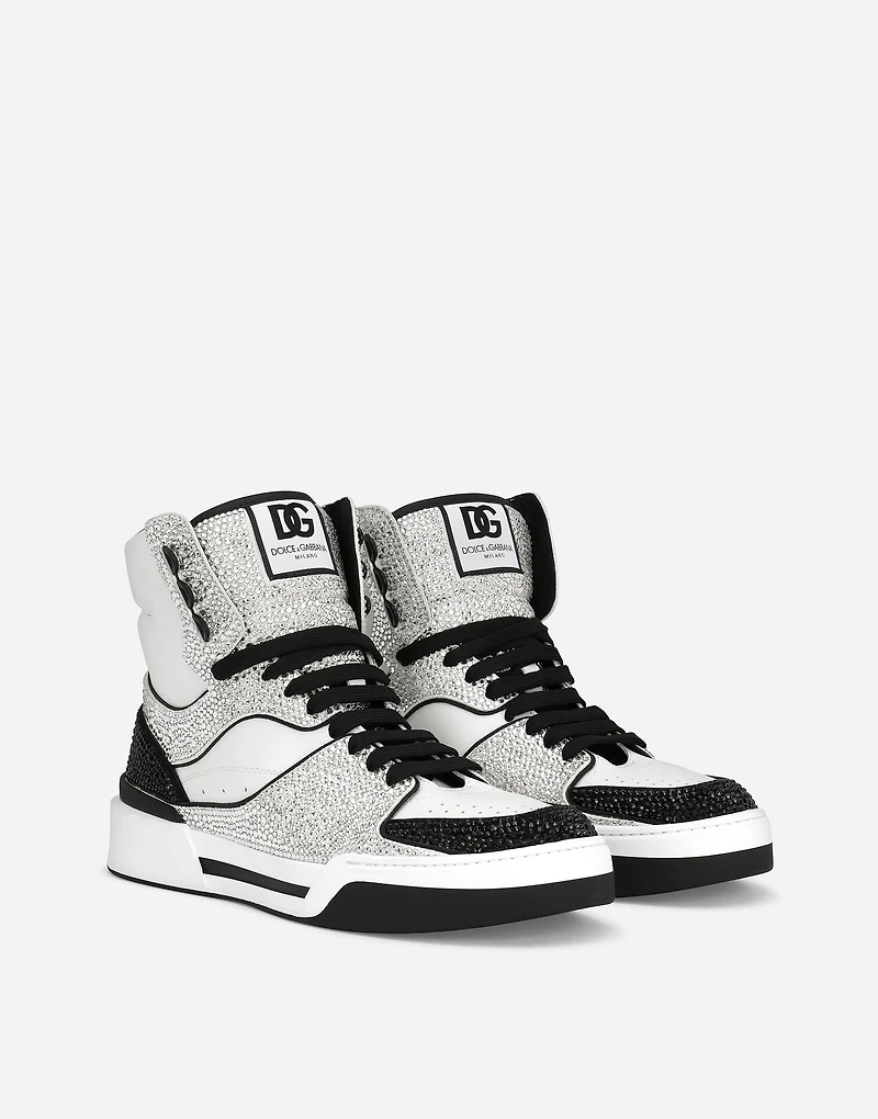 Calfskin New Roma high-top sneakers with fusible rhinestones