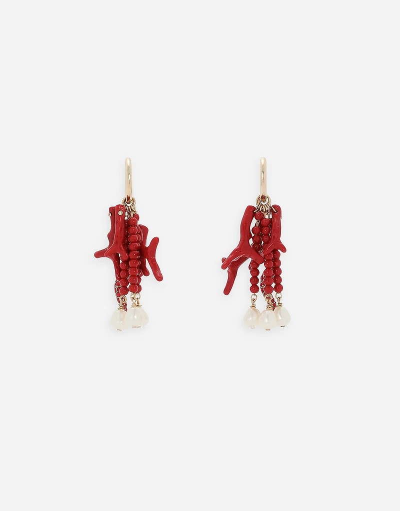 Creole earrings with horn, coral branches and pearls