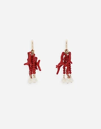 Creole earrings with horn, coral branches and pearls